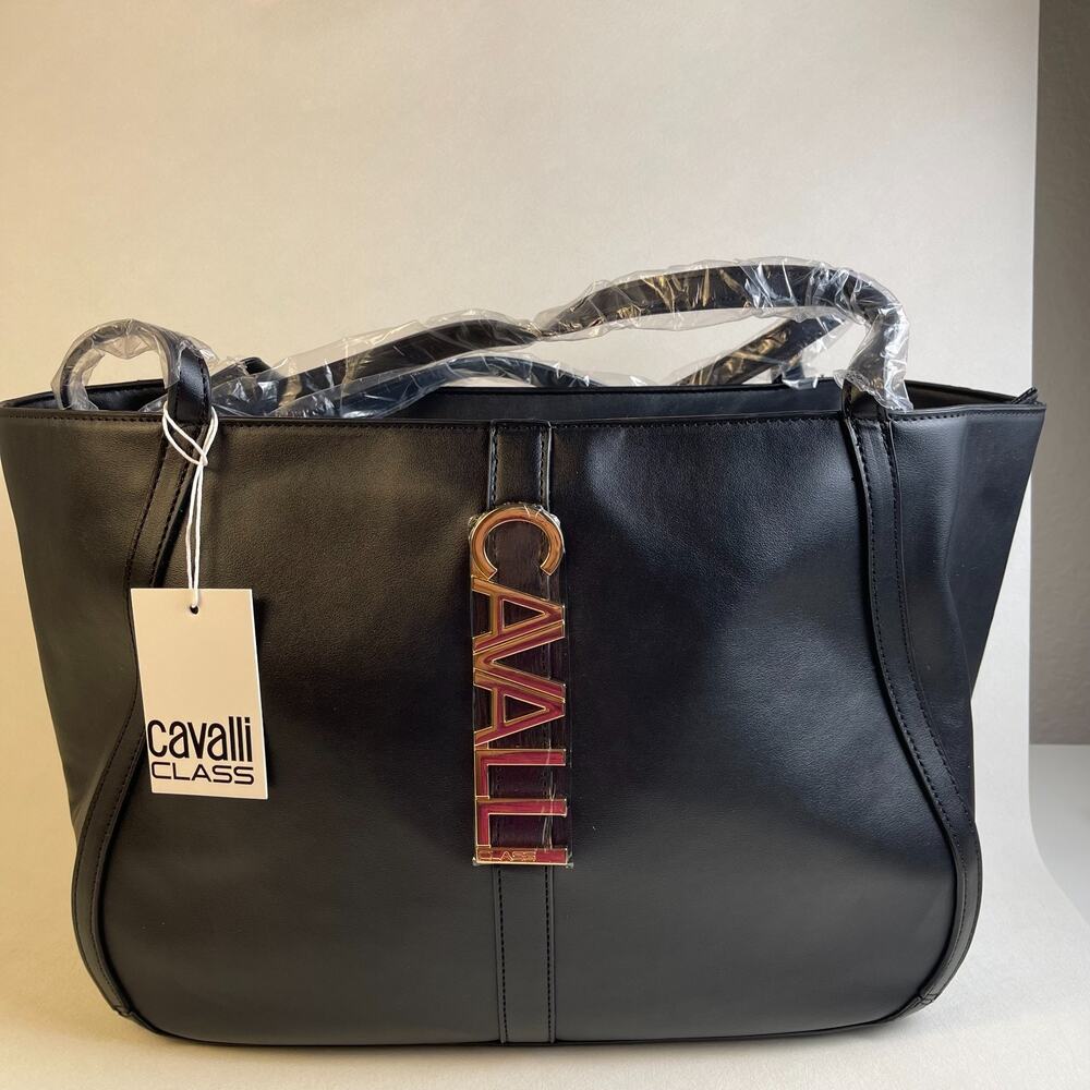Cavalli Class Sandra Shopper Tote Bag Black Onyx Faux Leather Gold Logo NWT